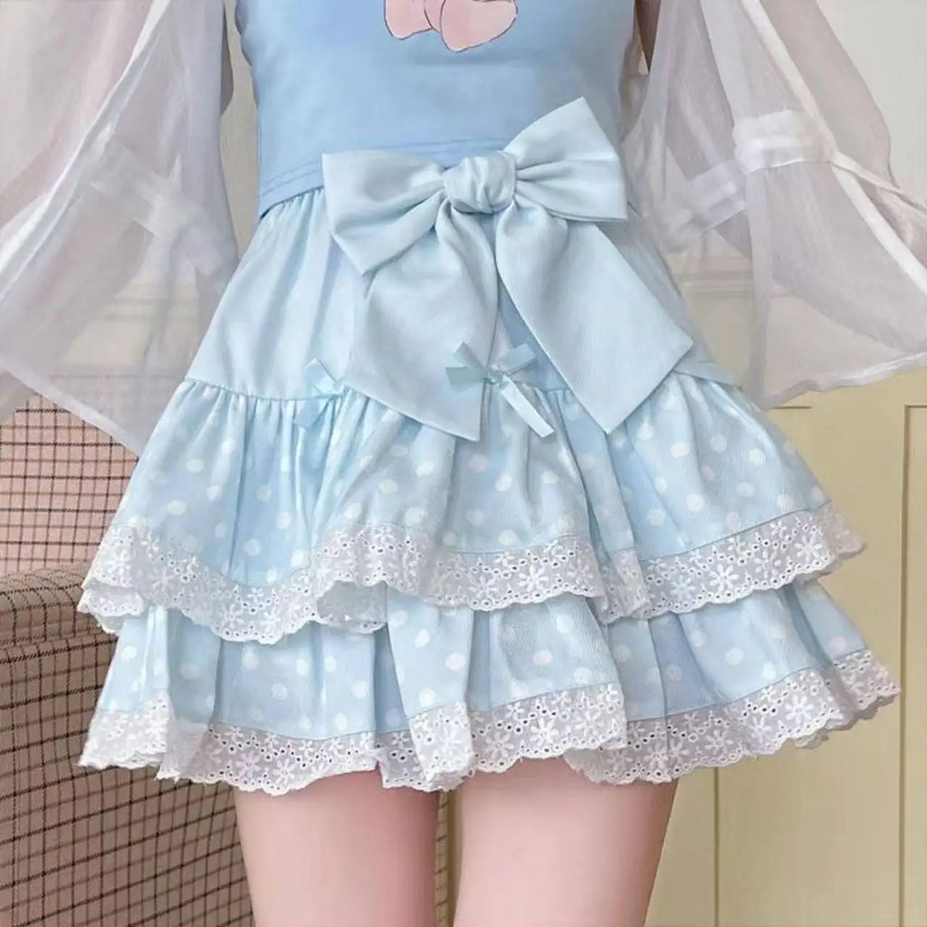 Summer Kawaii Cake Pattern Short Skirt Japanese Sweet Lolita Lace Splice Pleated Skirt Y2k High Waist A Line Mini Street Skirt