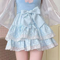 Summer Kawaii Cake Pattern Short Skirt Japanese Sweet Lolita Lace Splice Pleated Skirt Y2k High Waist A Line Mini Street Skirt