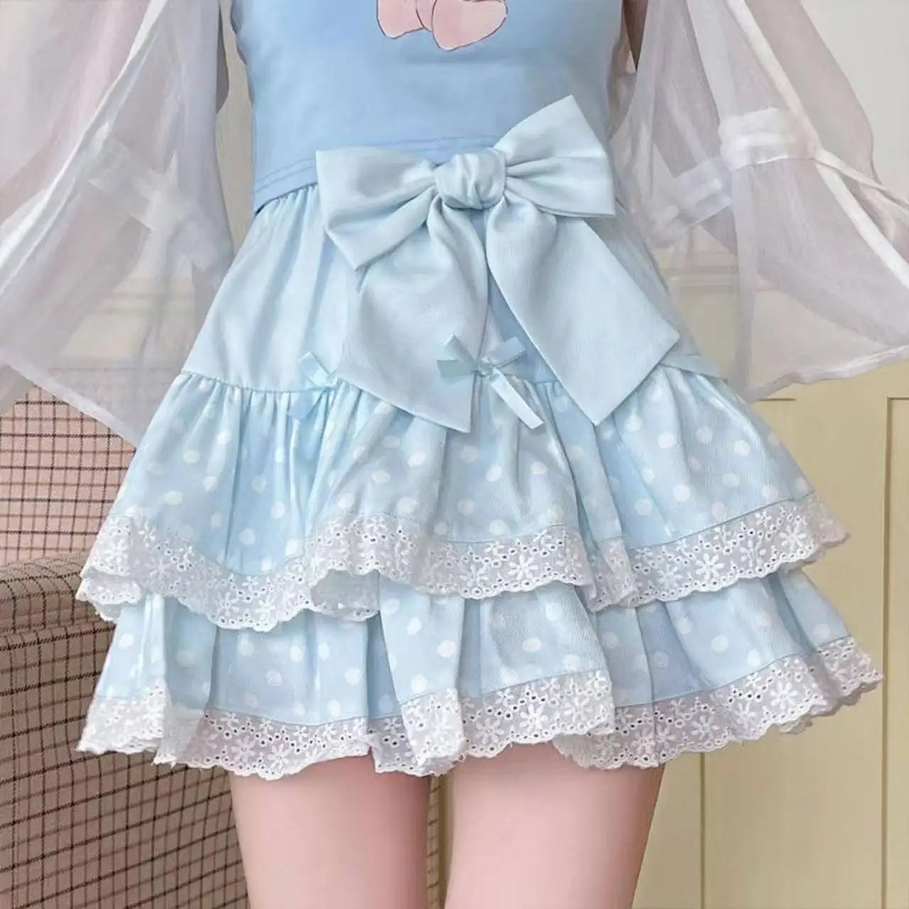 Summer Kawaii Cake Pattern Short Skirt Japanese Sweet Lolita Lace Splice Pleated Skirt Y2k High Waist A Line Mini Street Skirt