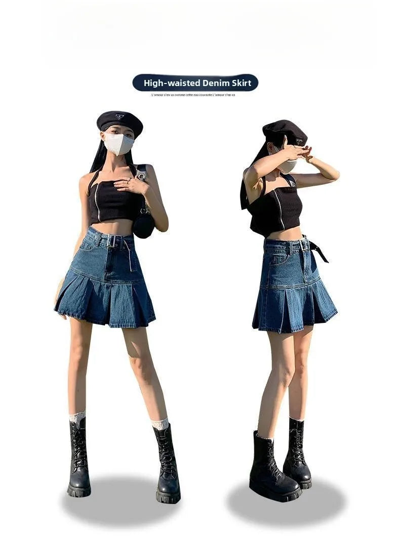 Retro American Blue Hot Girl Pleated Denim  Skirt Women's Summer New Pure Desire A-Line High Waist Short Skirt