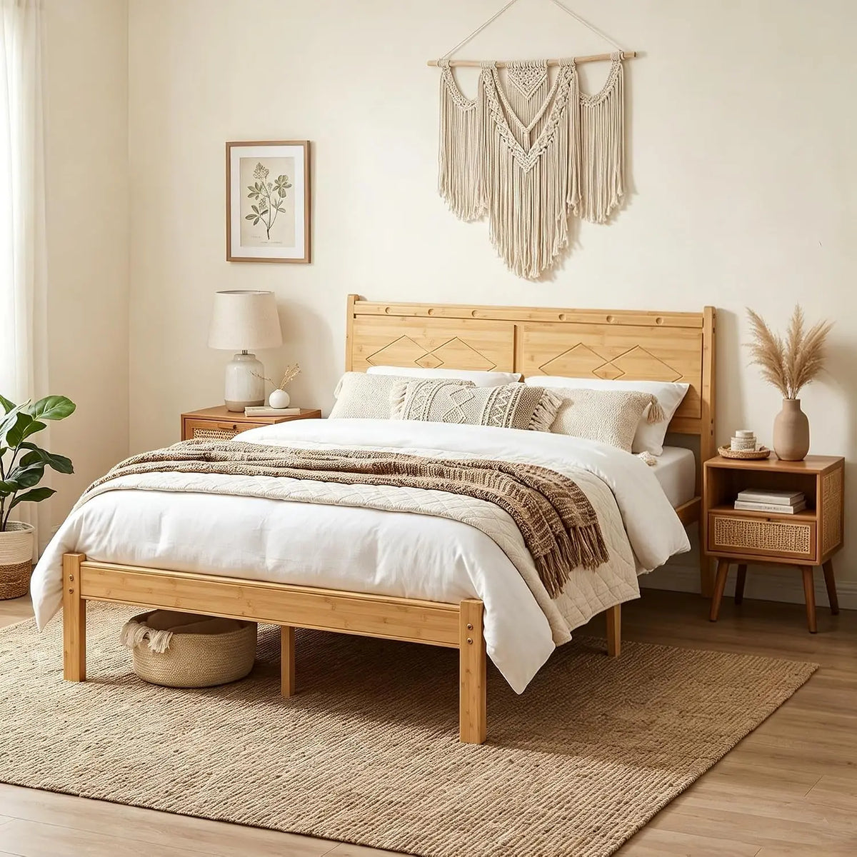 Bamboo Wood Queen Bed Frame with Ergonomic Slant Headboard