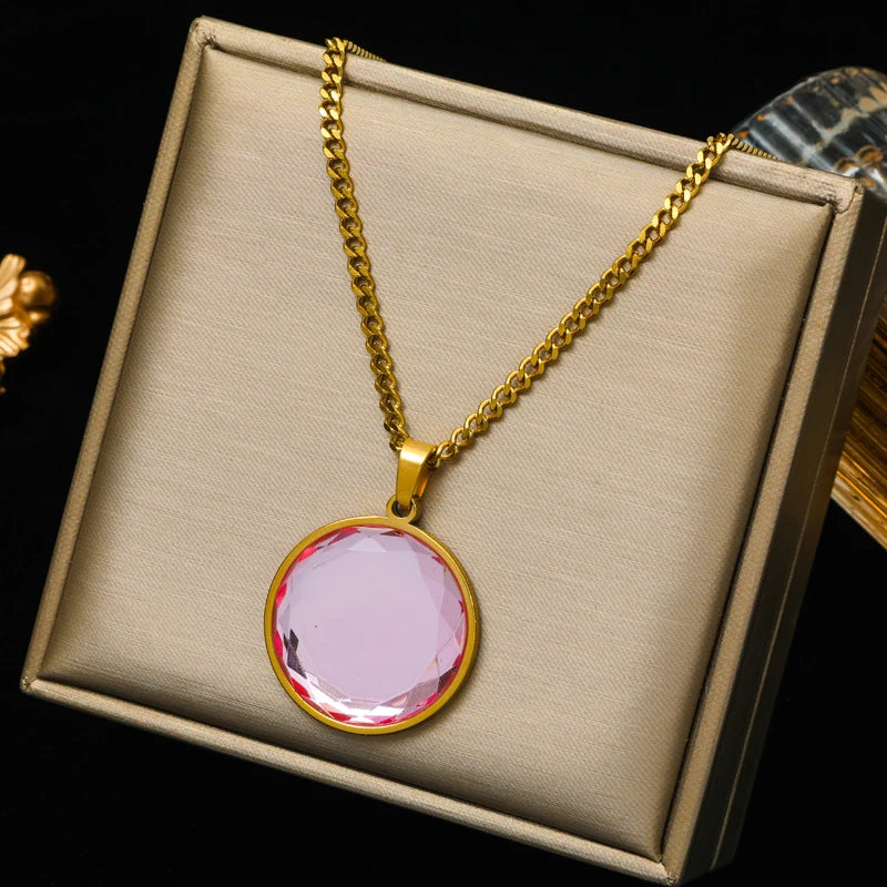 Eilieck 316L Stainless Steel Colored Crystal Pendant Necklace For Women Elegant Choker Clavicle Chain Jewelry