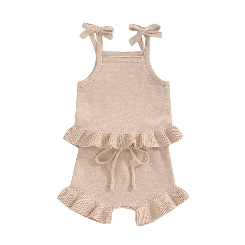Lioraitiin Newborn Baby Girl Outfit Set 2Pcs Knit Solid Color Sleeveless Cami Tops With Elastic Waist Shorts
