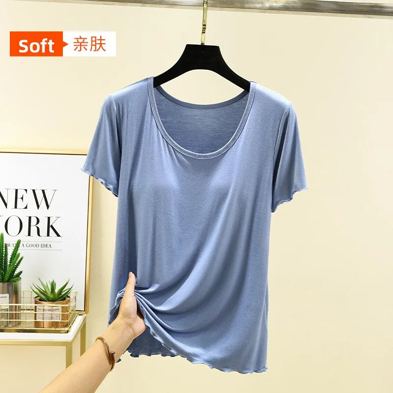 Modal No- Bra T-Shirt One-Piece Short Sleeve Women Summer Wear Casual Solid Color Base Layer Outdoor Wear round Neck T-Shirt