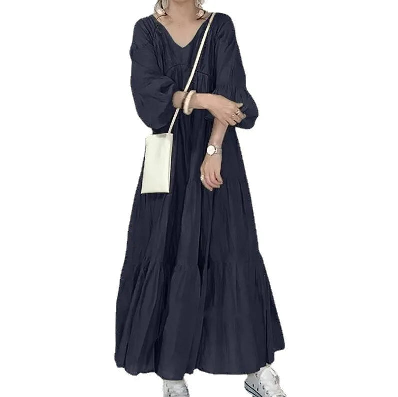 Summer Dress Women's Casual Long Sleeve V Neck Dresses Olive Green Loose Fit Maxi Dress Tiered Skirt A Line Flared Shirt Dress