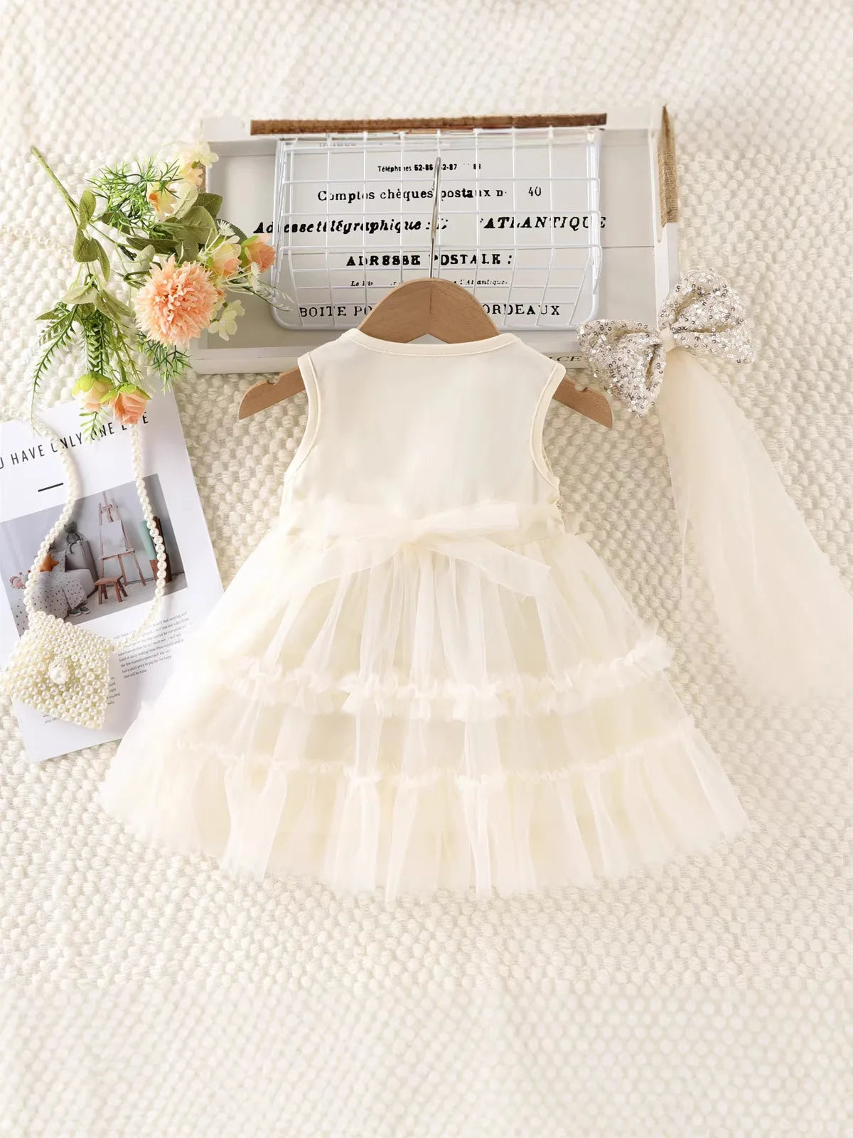 2026 New Summer 1-5Y Childrens Dress Sequin Tulle Sleeveless Girls Dress with Bow Decorations and Matching Sequin Veil