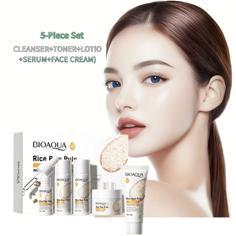 Rice Puree Skin Care Set Hydrating Moisturizing Smoothing Facial Cleanser+Toner+Essence+Lotion+Cream Skin Travel