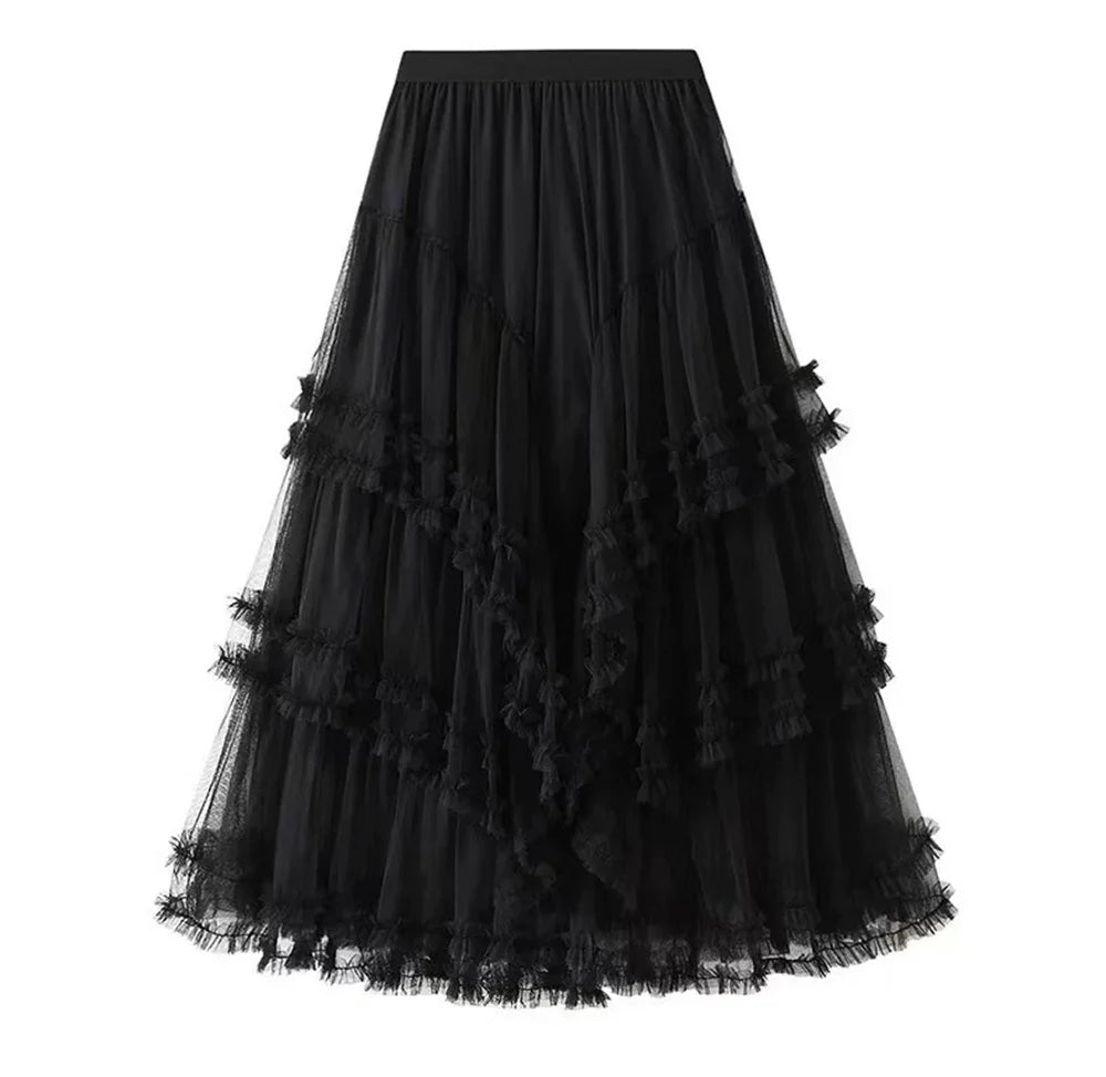 2026 Fashion Women High Waisted Floral Lace Tulle Puff Cake Skirt Vintage Ladies Loose Asymmetrical Long Skirts Women Clothes