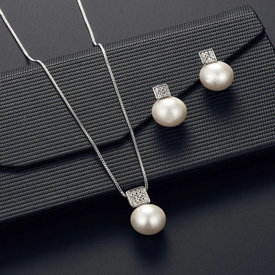 2 Pcs Imitation Pearl Pendant Women'S Necklace Earring Stud Set Silver Color Snake Chain Square Metal Full Crystal Jewelry Set