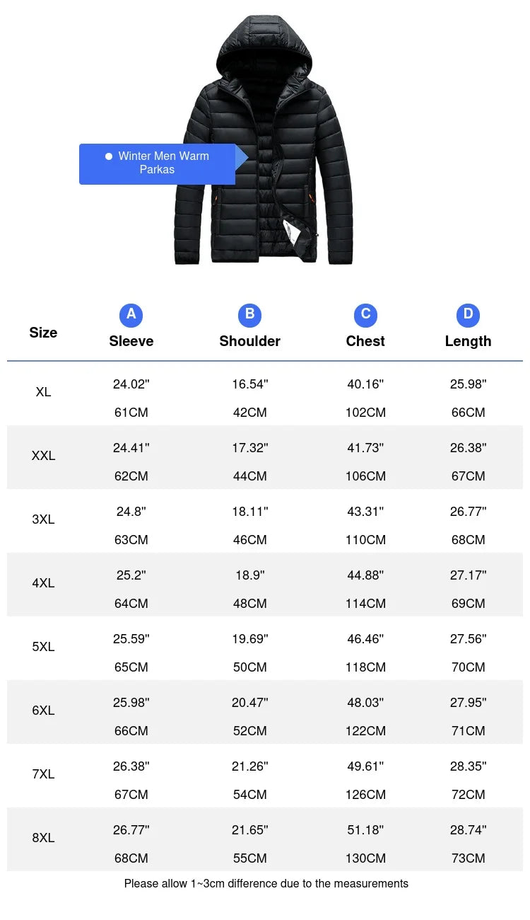 Winter Men's Warm Down Parkas Fashion Men Cotton Thick Hooded Coats Men Windbreaker Snow Thermal Padded Jackets Clothing 8XL
