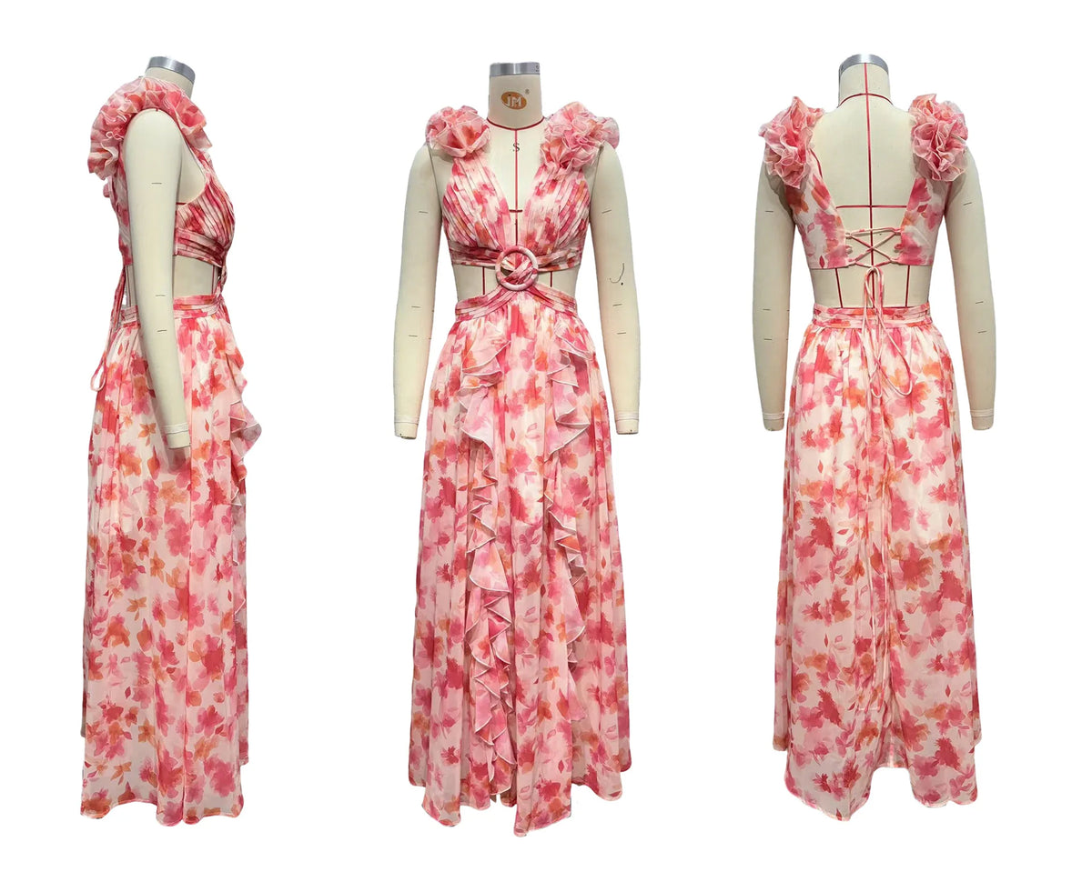 Floral Dress Women Spring Summer Deep V Neck Ruffle Hem Hollow Out Backless Maxi Dresses Bohemian Beach Sundress Outfit