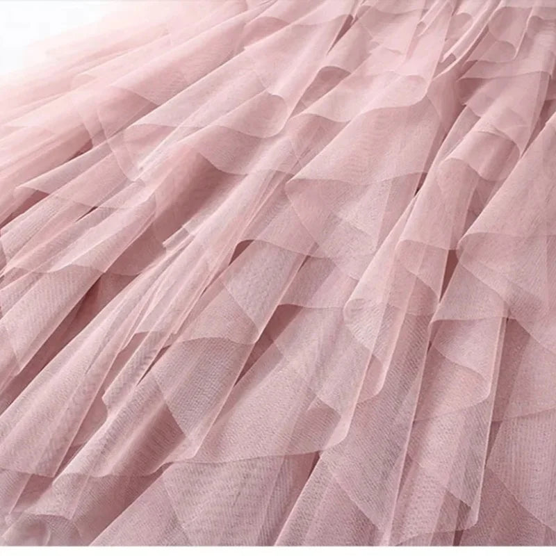 Womens Elastic High Waist Tulle Mesh Irregular Tutu Skirt Gauze Skirt Spring and Summer New Pleated A-Line Skirt in the Long Hi