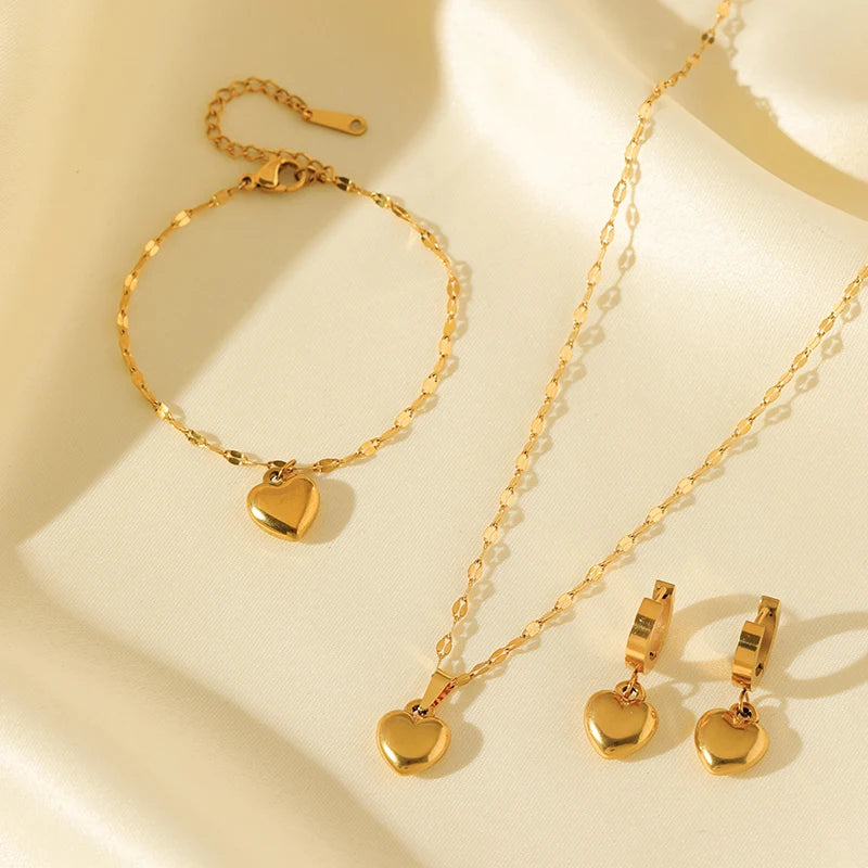 Eilieck 316L Stainless Steel Heart Love Necklace Bracelets Earrings Set For Women'S New Trendy 18K Gold Plated Waterproof Jewelry