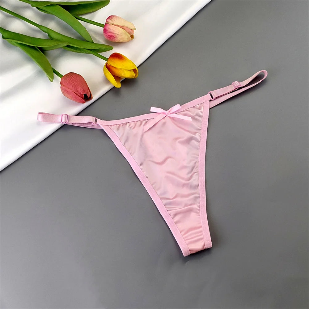 3pcs Sexy Satin Silk Underwear Panties Woman Adjustable Low Waist G Strings Plus Sizes Thong Elastic Waist Culotte Femme