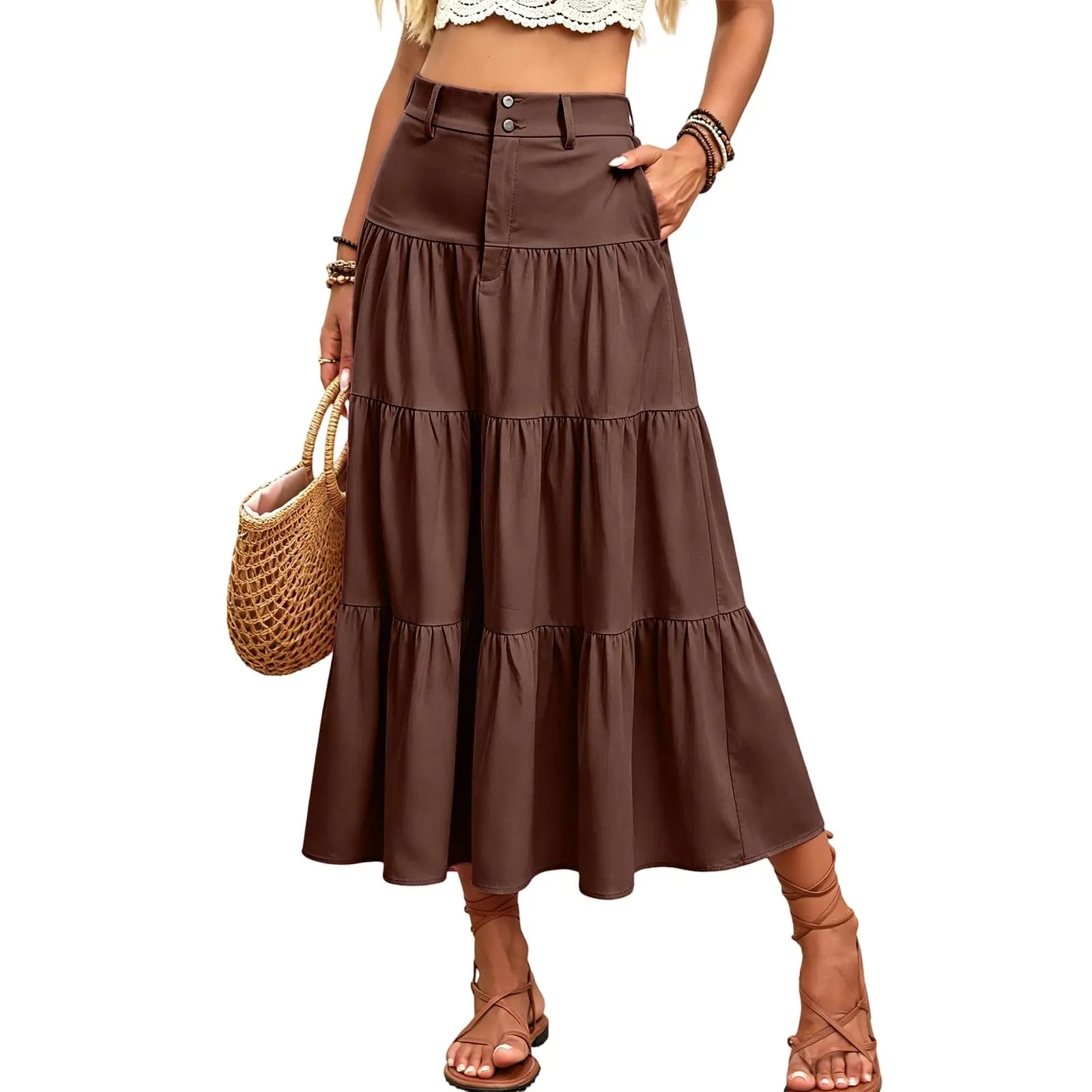 Damen High Waist Midi Mit Elastischem Bund Knopfleiste Eleganter A Linien Leichtem Material Für