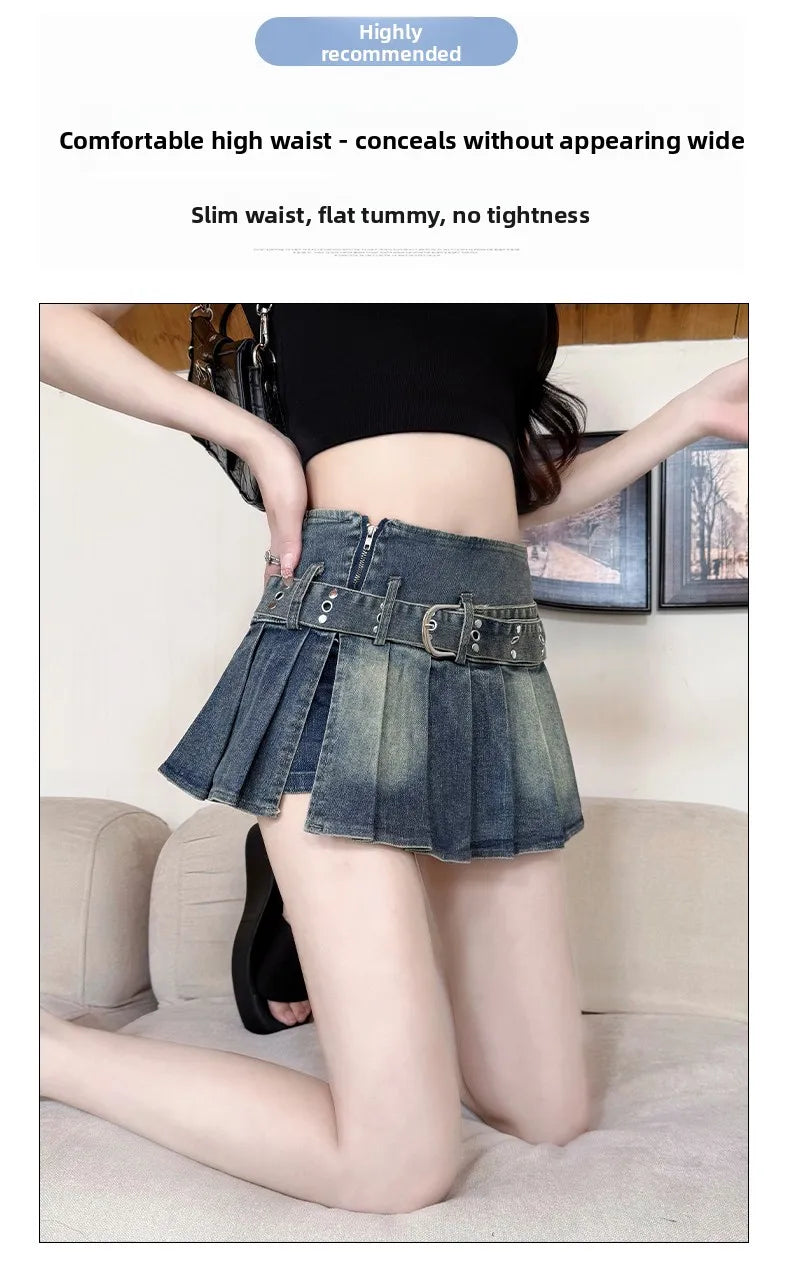 High Waist A-Line  Skirt Women's Denim Pleated Half Body Summer New Style Comfortable Soft Korean Version City Commute