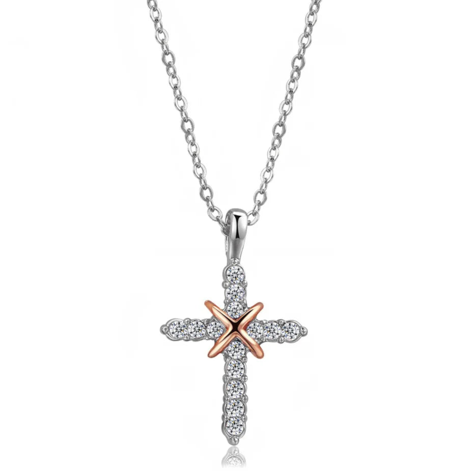 Collar gargantilla de cristal plateado con colgante de cruz para mujer N456