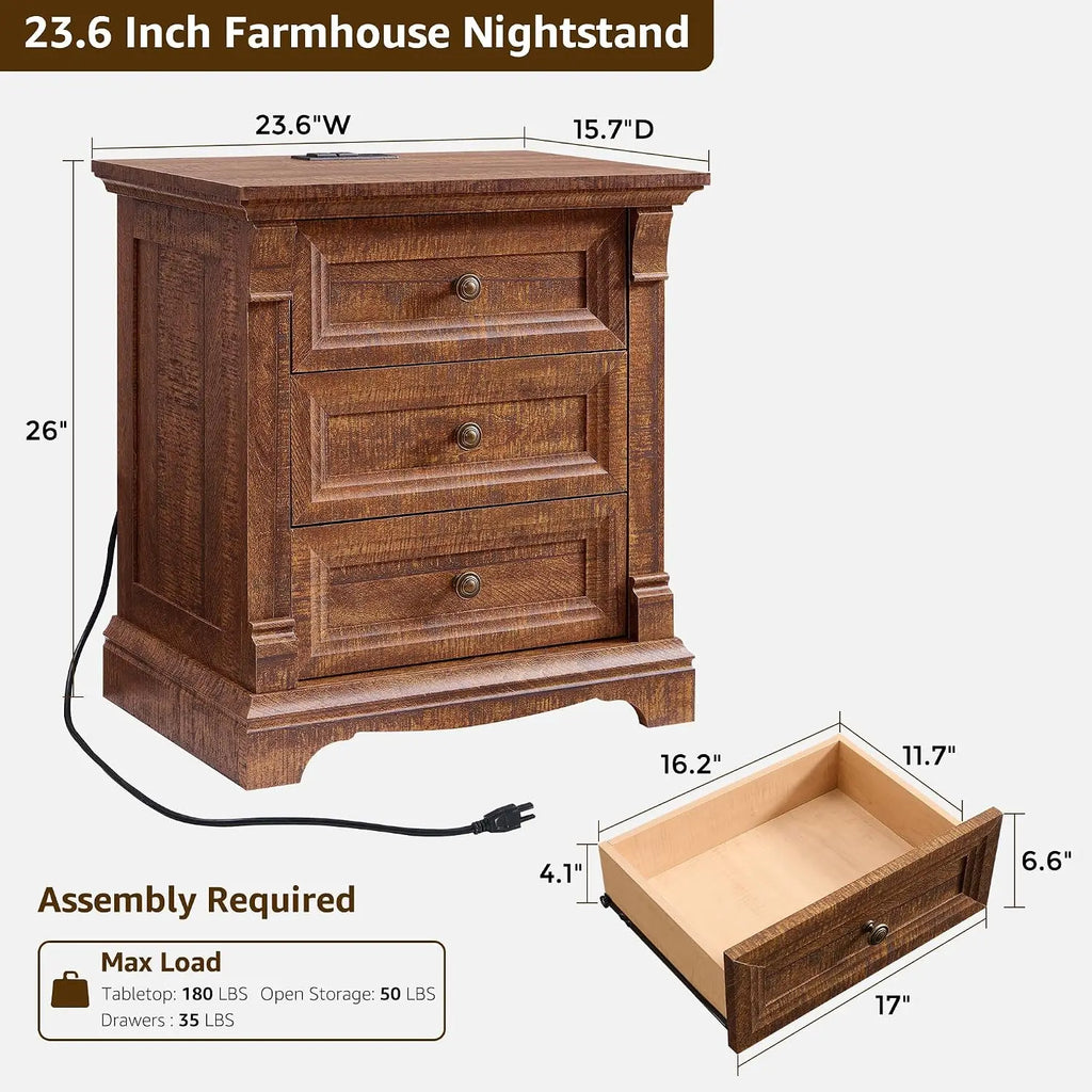 26" Tall Nightstand With Charging Station, 23.6"W End Table W/Roman Column, Customized