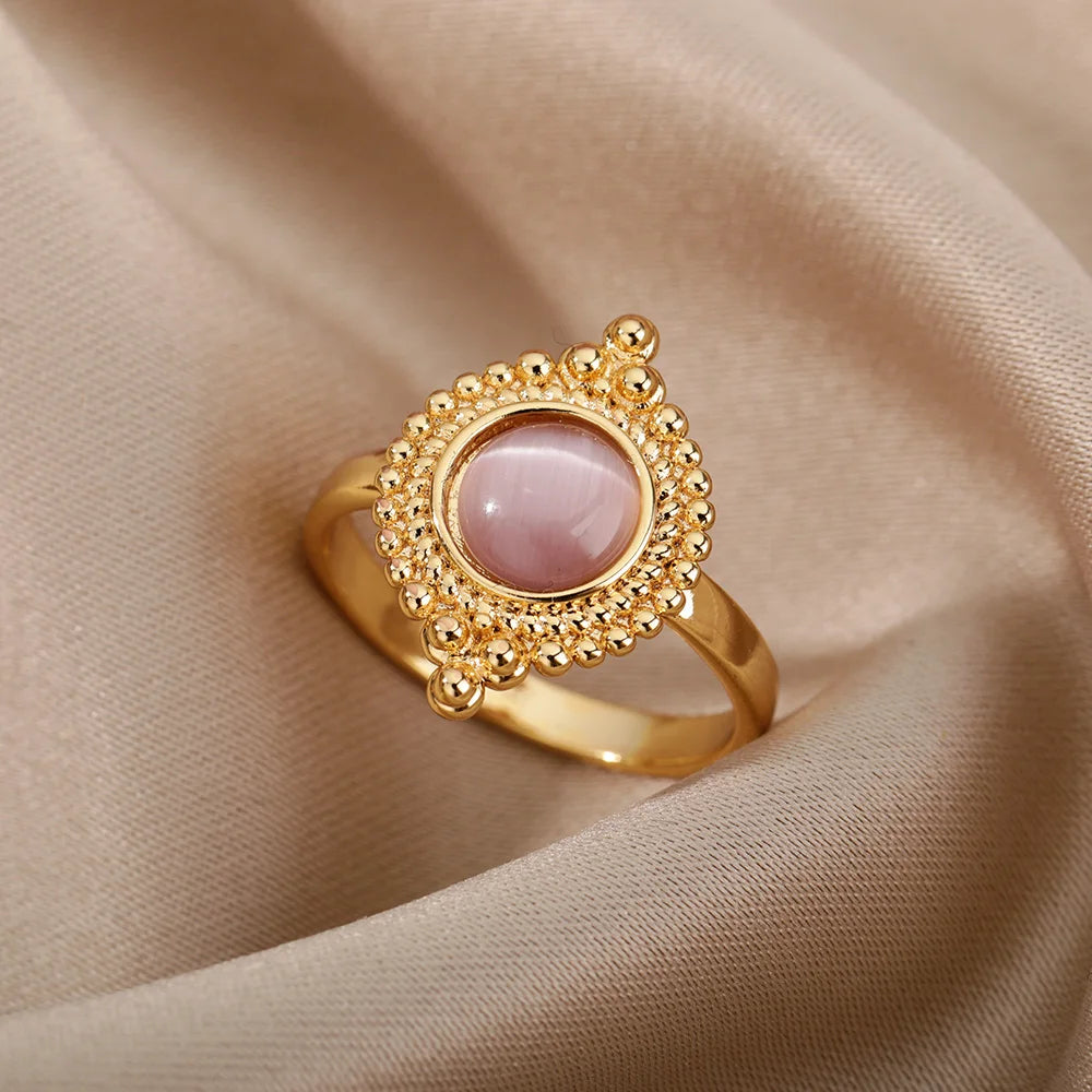 Stainless Steel Opal Rings For Women'S Aesthetic Water Drop Gold Color Wedding Ring Waterproof Jewelry Finger Accessories Gifts