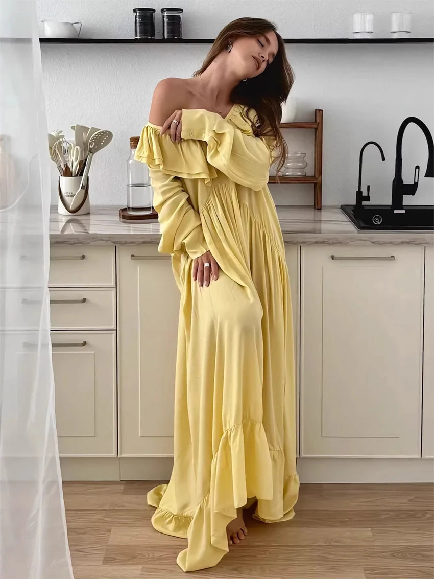 Parc Fee Fashion Loose Khaki Women's Dress Sexy V-Neck Long Sleeve Ankle Length Dresses Elegant Classic Ruffles Female Dress