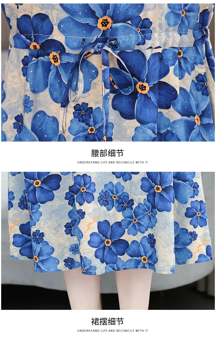 New Elegant Floral Dress  Bohemian plus Size Women Summer Short Sleeve Clothing with Large Hem for Casual Occasions