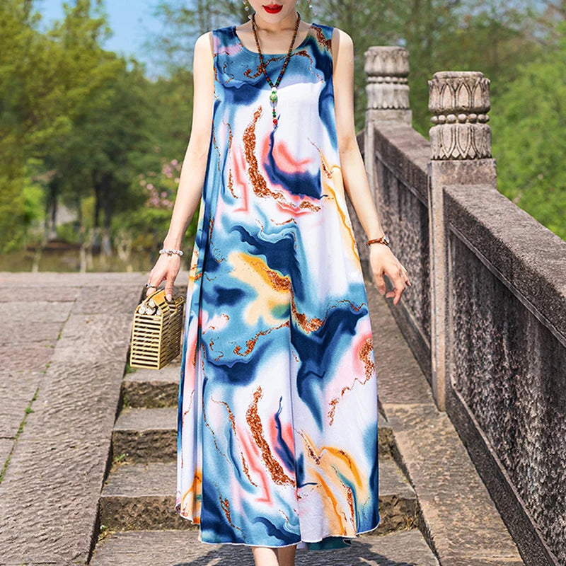 New Women Summer Dresses Vintage Dress FashionRobe Plus Size Sleeveless Femme Casual Print Dresses