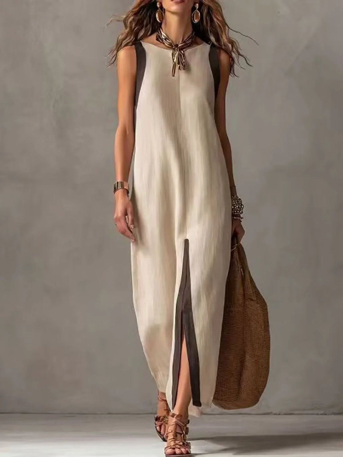 Boho Asymmetrical Hem Maxi Dress Front Slit Contrast Trim Summer New Woman Dresses Casual Sleeveless Round Neck Loose Dresses