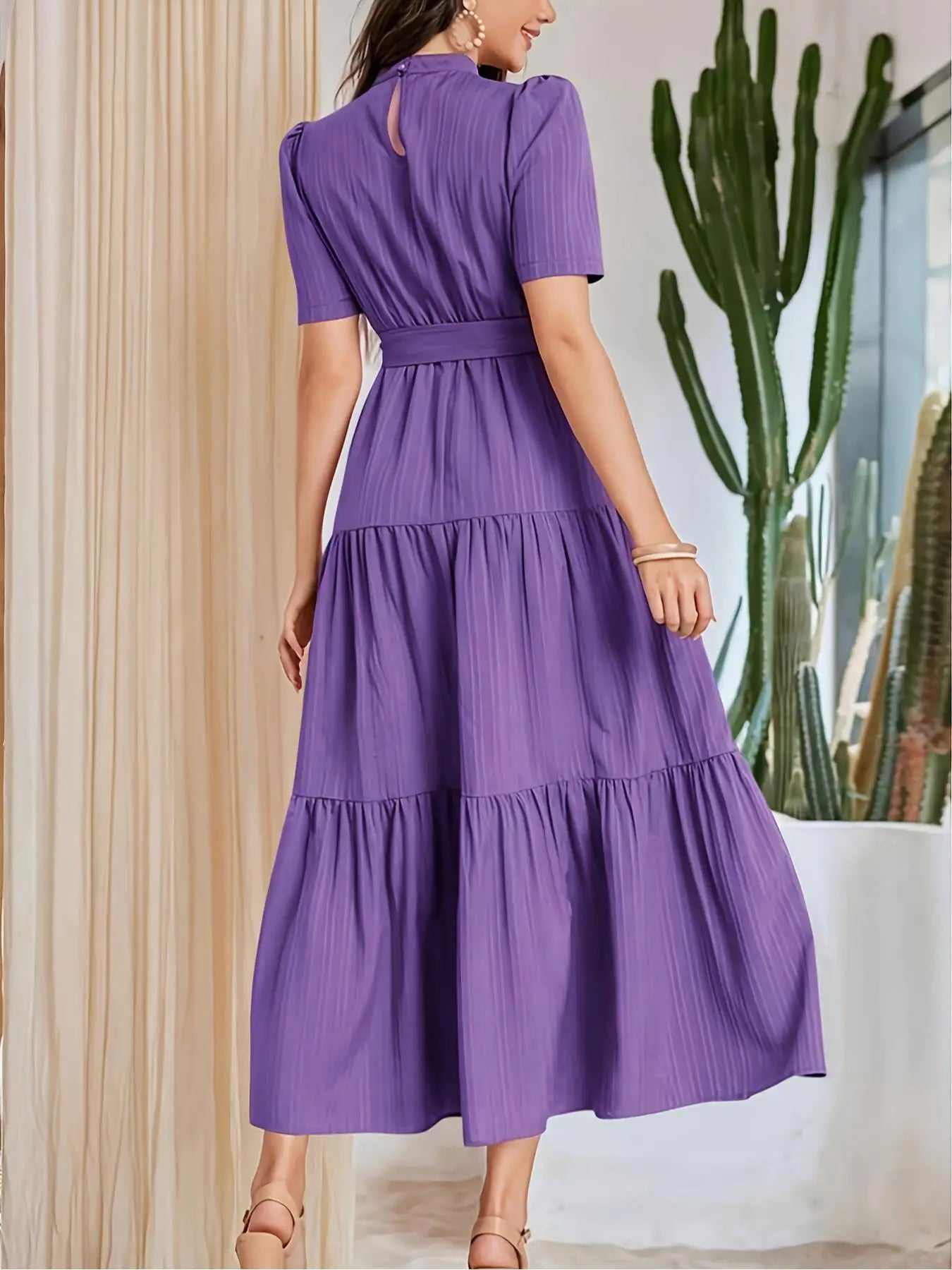 High Neck Dress, Bohemian Sweet Style, Self-Tie Waistband and Puff Sleeves, Perfect for Vacation, Dates, and Daily Wear