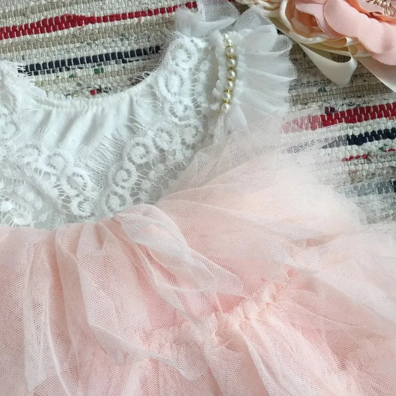Flower Girl Lace Tulle Dress Elegant Princess Weddings Birthday Party Costumes for 3m To 7y Girls Baptism Festival Ball Gown