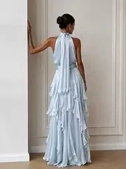 Women Mock Neck Sleeveless Tiered Ruffle Maxi Dress Draped Flowy Long Gown Formal Wedding Guest Evening Party Dresses