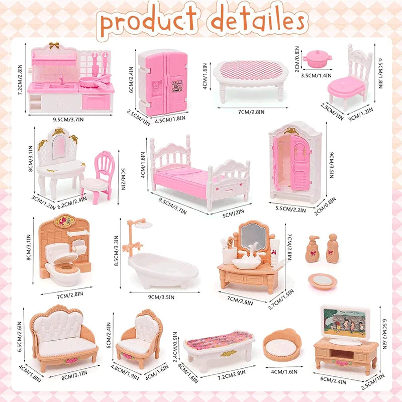 Dollhouse Furniture Set Accessories Doll House Mini Furniture Pretend Play Bedroom Living Room Bathroom Kitchen Kids Birthday