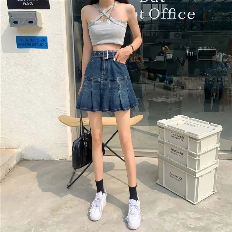 Spicy Girl Denim Half Skirt Women's Summer 2026 INS New Korean Retro High Waist Slim A-Line Pleated Short Skirt Trendy