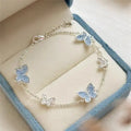 Light Luxury Shiny Zircon Butterfly Bracelet For Women'S Blue Rhinestone Double Butterfly Necklace Earring Set Girls Jewelry