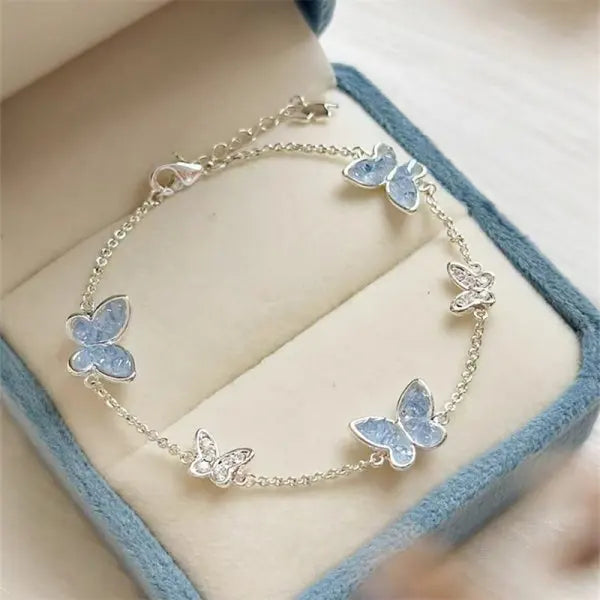 Light Luxury Shiny Zircon Butterfly Bracelet For Women'S Blue Rhinestone Double Butterfly Necklace Earring Set Girls Jewelry