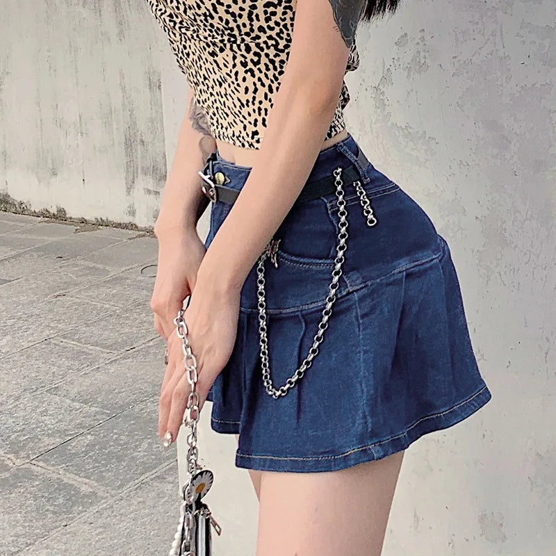 Summer Women Y2k High Waist Mini Skirts Girls Korean A Line Denim Pleated Dress Female Fashion Punk Blue Harajuku Jeans Skirts
