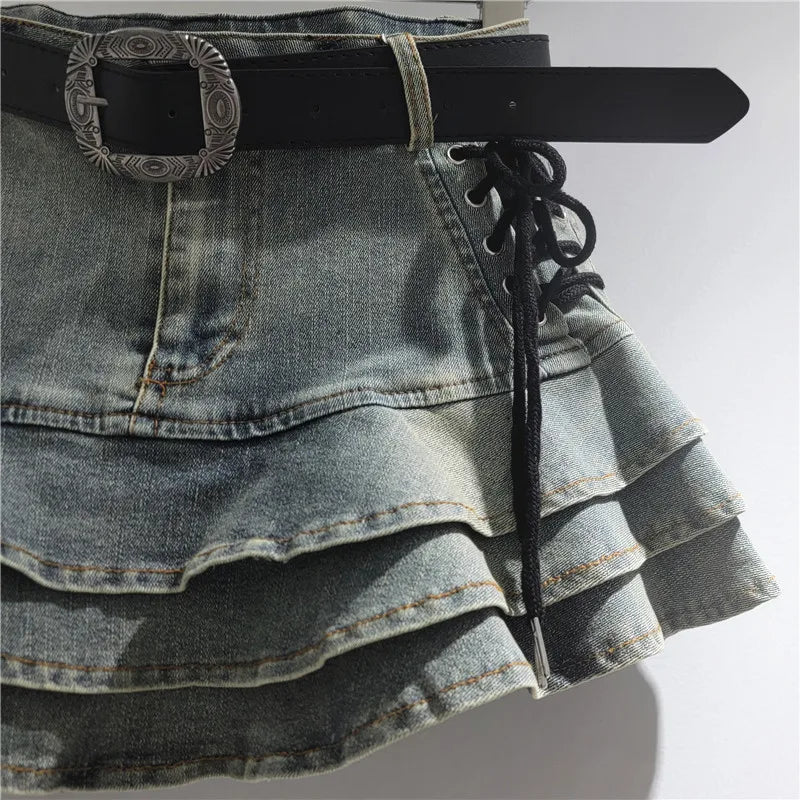Women's Summer American Retro Style Y2K Short Denim Skirt Self-Tie Bow Sash High Rise Flattering A-Line Tier Cake Mini Skirts