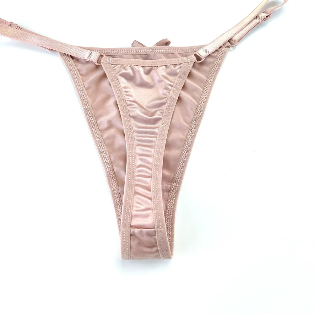 3PCS/Set Glossy Satin Pink Thong Adjustable Low Waist Women Smooth Silk G-string Sexy Plus Size Panty Set Underwear