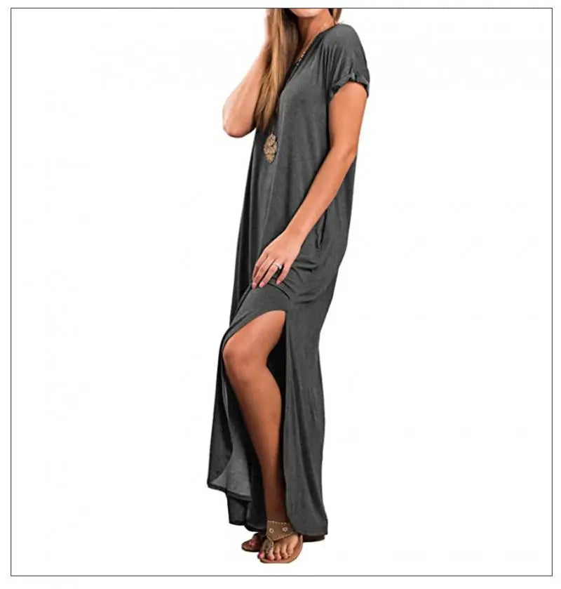 Women's Casual Maxi Dress V Neck Short Sleeve Dresses Loose Fit Long Dress with Pockets Side Slit Outfit Home Casual Daily Wear