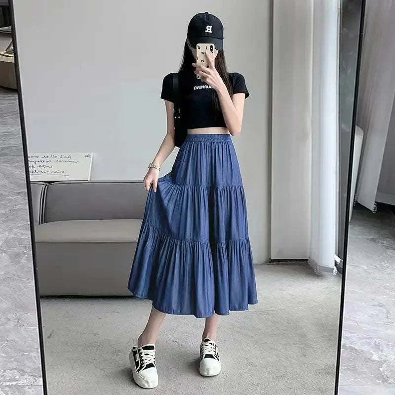 Casual Vintage Women Skirt Matching Chic Lady's White Skirt Sweet Girl's Cake Skirt Elastic Waist A-Line Mid Length Flare Skirt