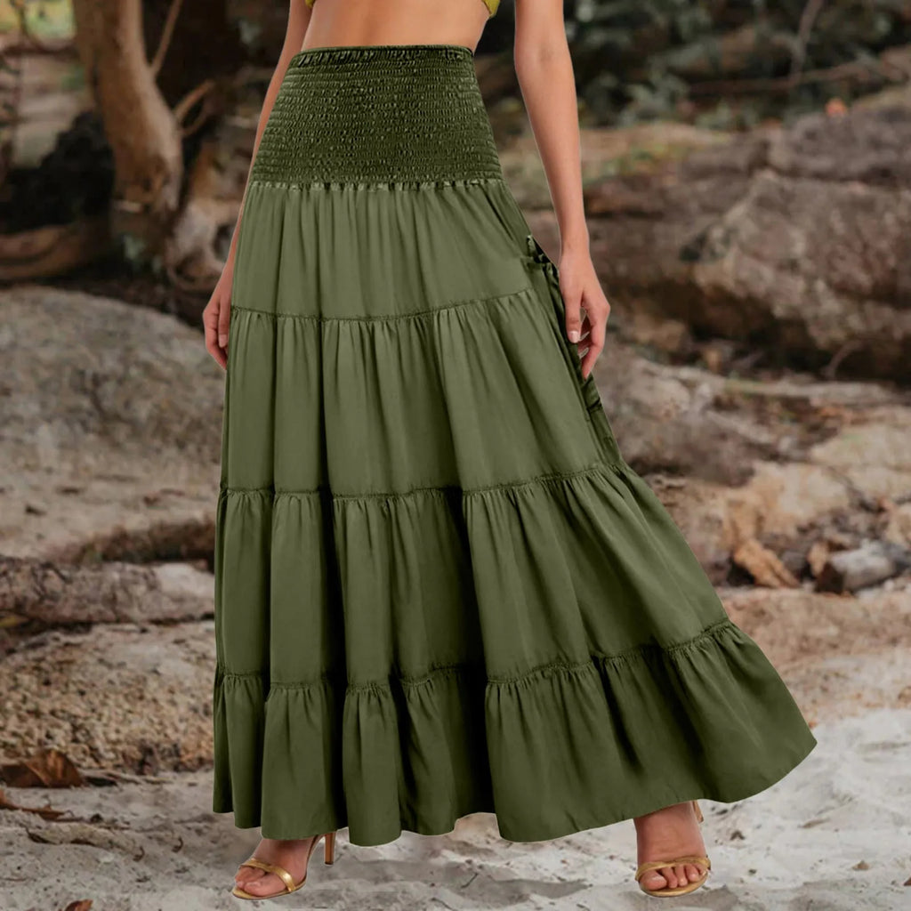 Boho Tiered A-Line Skirt Women Forest Fairy Pockets Patchwork Long Dress Elastic Waist Vintage Hippie Gypsy Maxi Skirt 스커트