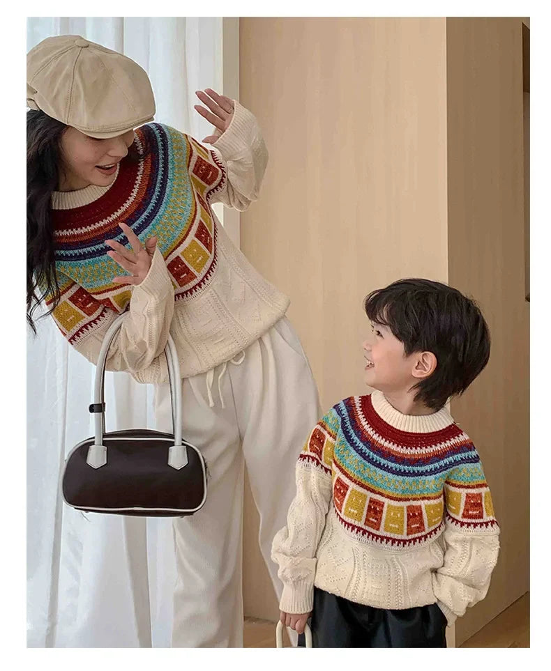 Women Sweater Print Family Daughter Matching Equal Mother Same Knit Top Pullover Baby Knitwear Clothes Knitted Jumper Holiday