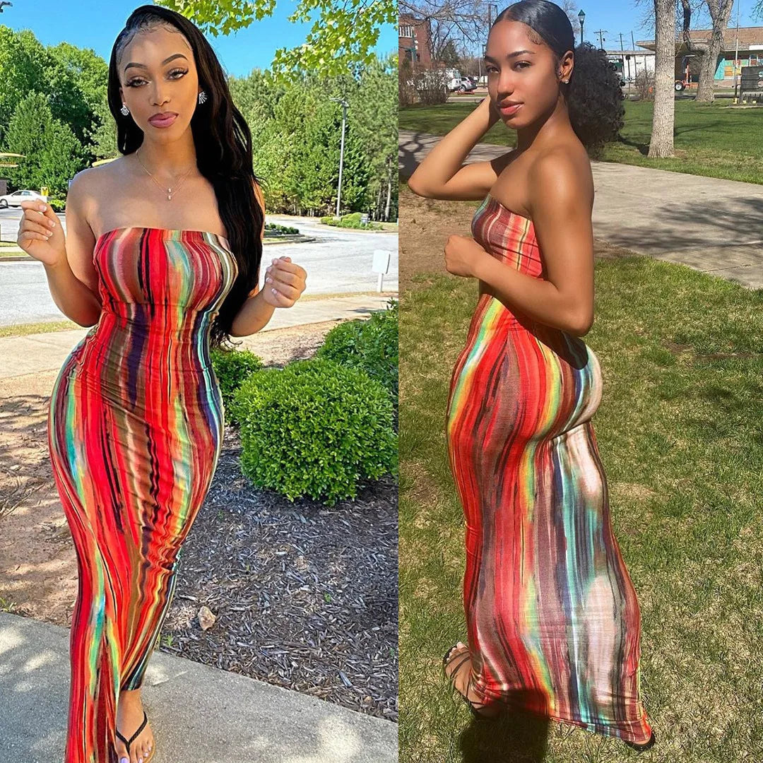 Spring/Summer Women's Colorful Tie Dye Print Off Shoulder Wrapped Chest Dress