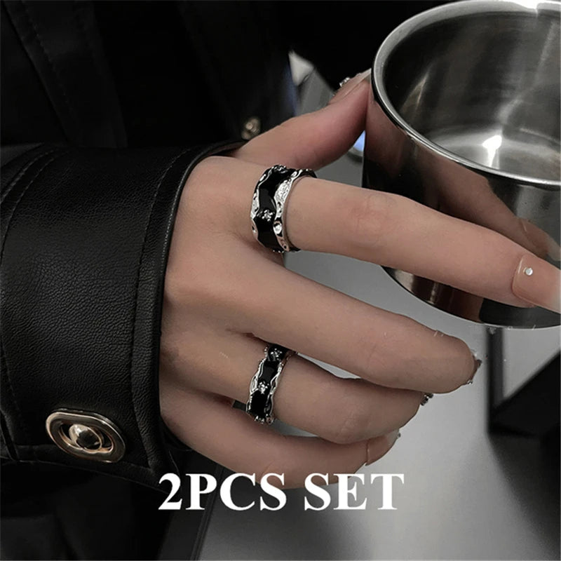 Punk Harajuku Goth Thorns Black Silver Color Irregular Heart Cross Open Ring For Women'S Men Lover Vintage 90S Y2K Grunge Jewely