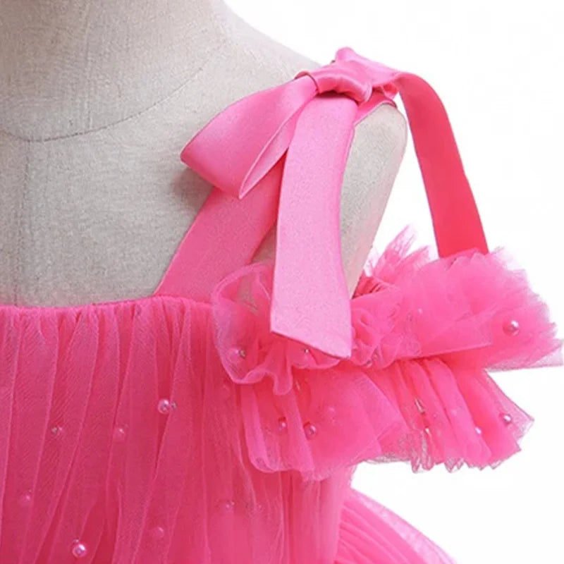 Flower Girls Elegant Cute Bow Pearls Tulle Princess Dress For Toddler Kids Formal Birthday Party Wedding Prom Pageant Puffy Gown