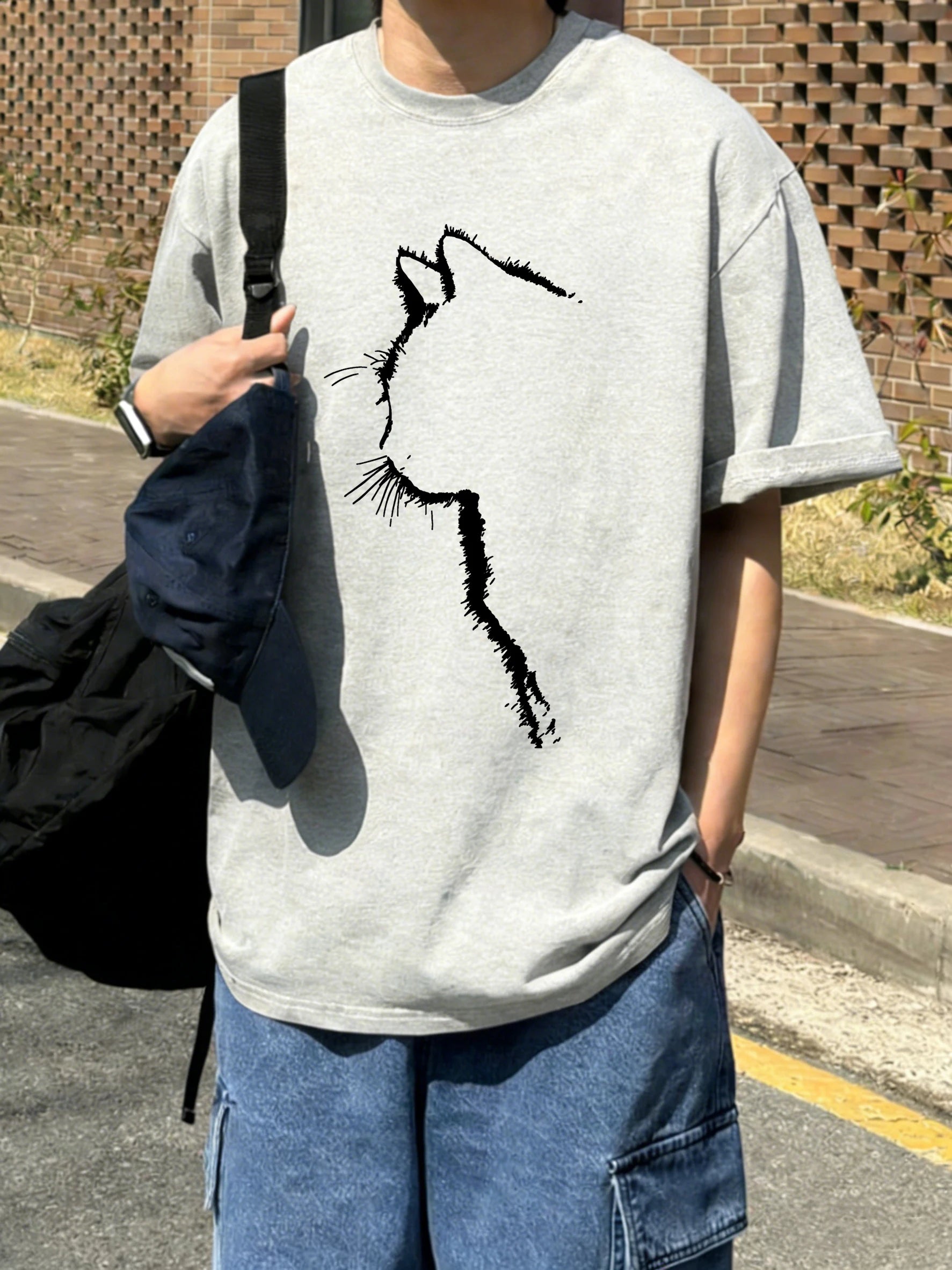 Cat Silhouette Men's T Shirt Ultra Breathable Cotton Summer T Shirt Oversized Loose Fit Vintage Style For Cat Lovers