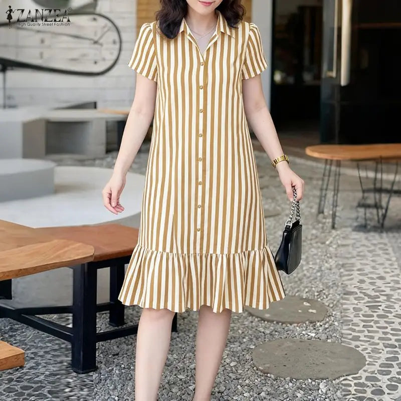 2026 Summer Striped Dress ZANZEA Women Elegant Work Dresses Short Sleeve Buttons Down Sundress Casual Holiday Knee Length Robe