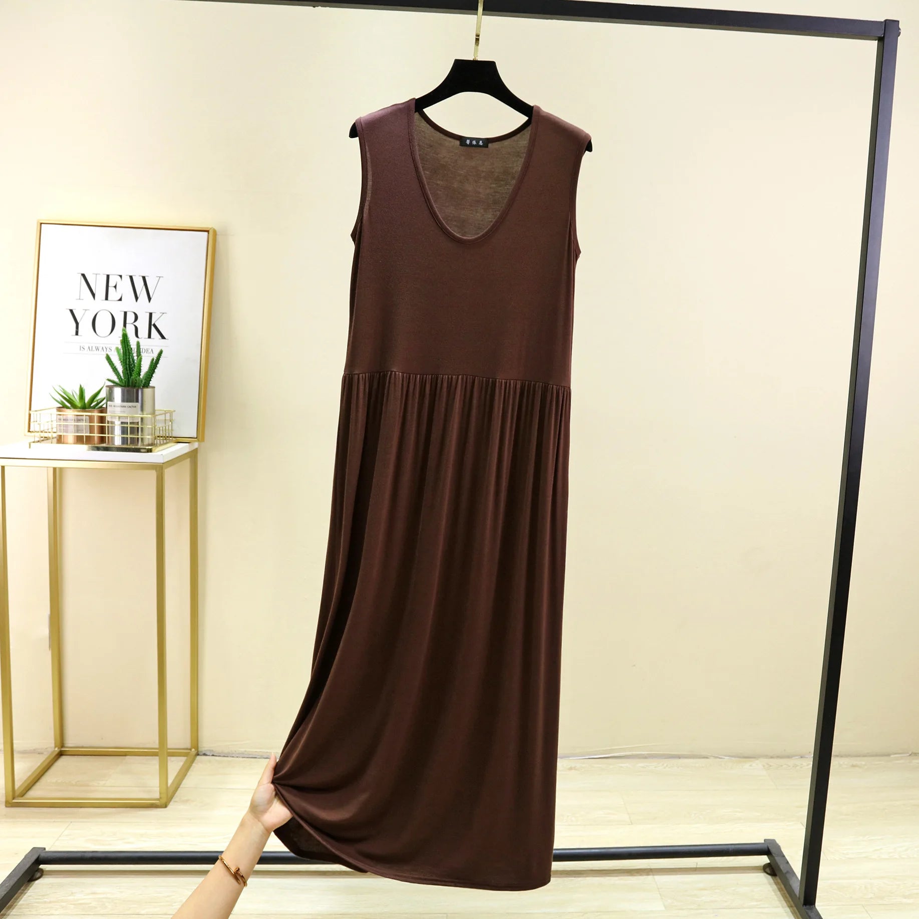 Plus Size Women's Modal Sleeveless Tank Dress – Pleated Mid-Length Waist-Slimming Homewear