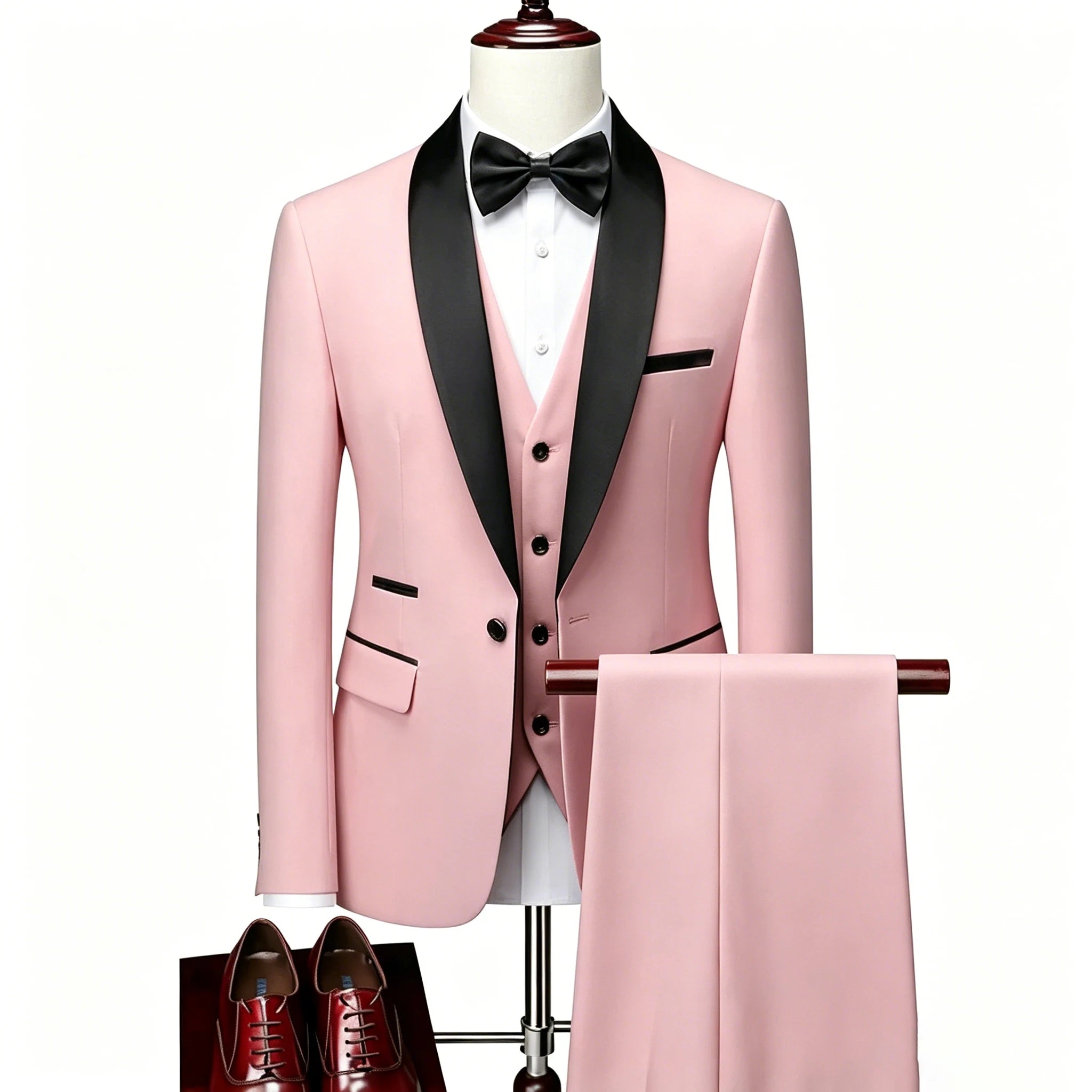 US Size XXS-3XL Men's 3 Piece Tuxedo Suit Set, Black Satin Shawl Lapel Slim Fit Blazer Vest Pants for Wedding Groom Party Prom