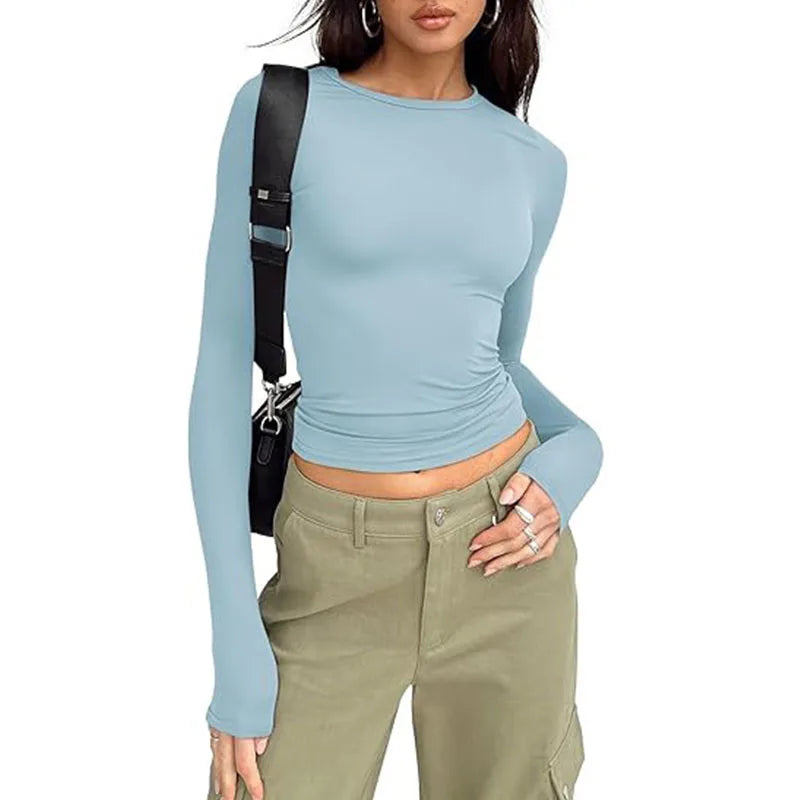 1Pcs Four Seasons Fashion Senior Women'S T-Shirt Long Sleeve Crew Neck Solid Slim Fit Tee Ladies Crop Top Daily Streetwear Camis