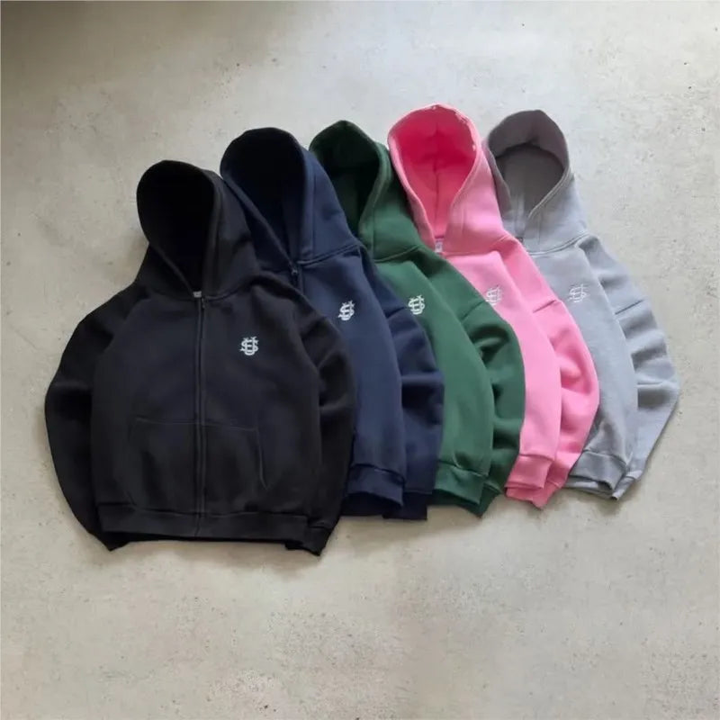 Y2k High Street Zip Embroidery Pattern Men's Hoodies Oversized Loose Sweatshirts Pullover Women Hip Hop Zip Hoodie Vintage Pants